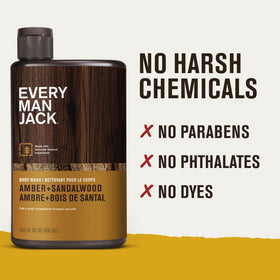 Every Man Jack three bottles side-by-side showing 13.5 fl oz scale and convenience