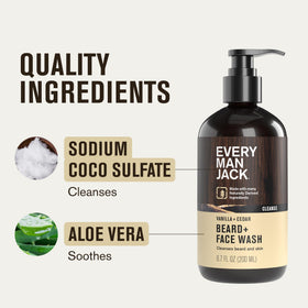 Every Man Jack ingredient focus with vanilla and cedar visuals highlighting natural scent