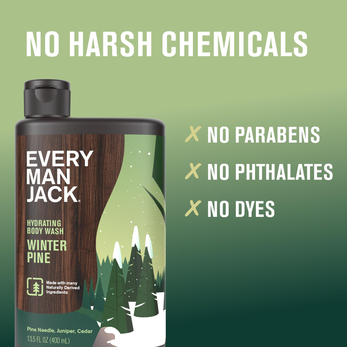 Every Man Jack in use in shower showing invigorating pine scent