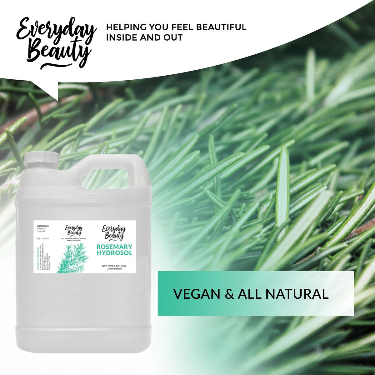 Everyday Beauty 32oz bottle beside a water glass to show generous size benefit