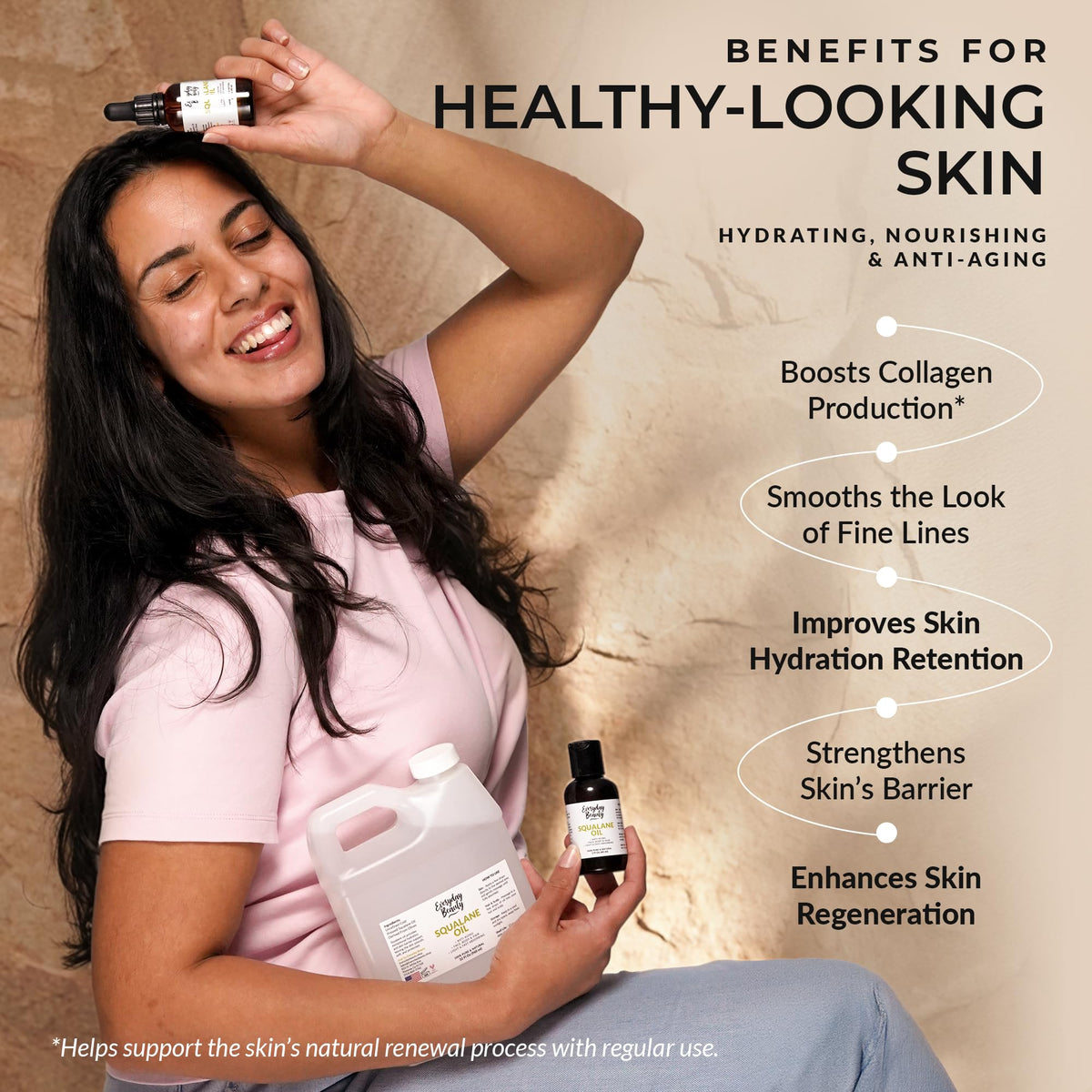 Everyday Beauty applying oil to hands shows lightweight hydration benefit