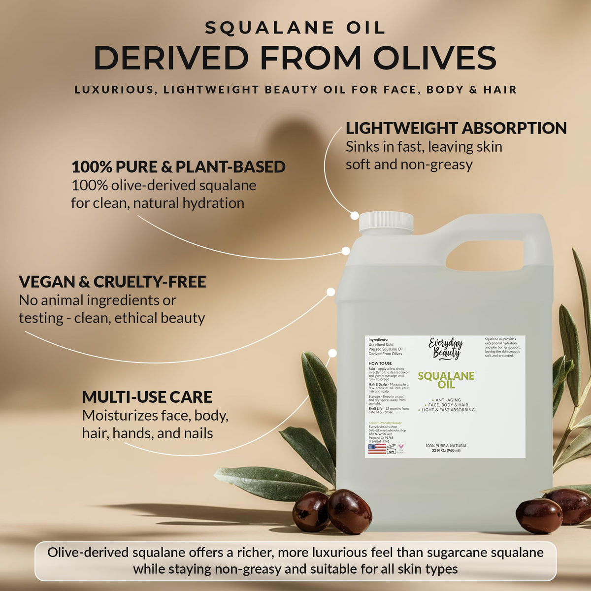 Everyday Beauty squalane oil pouring close-up shows silky texture for fast absorption