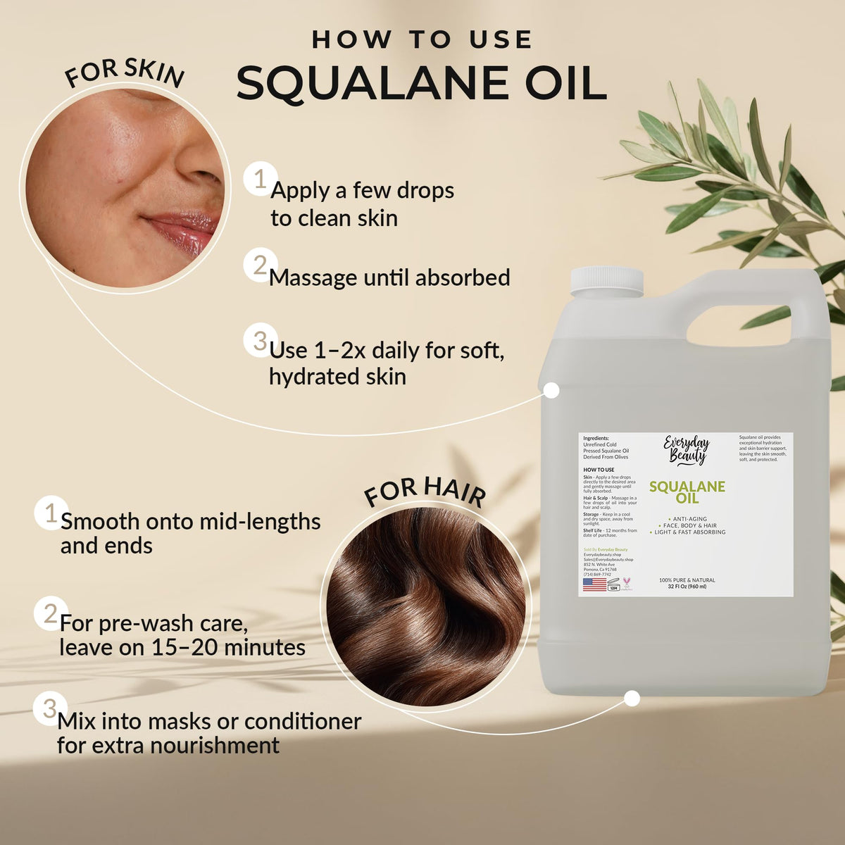 Everyday Beauty bottle next to everyday items shows 32 oz value and longevity benefit