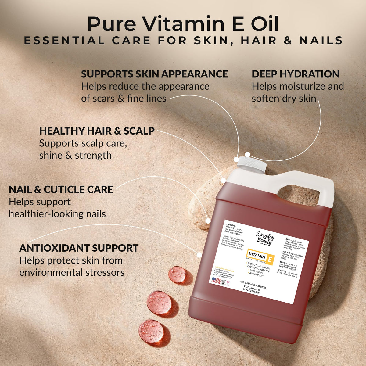 Everyday Beauty amber oil pouring from jug to show viscosity and easy dispensing benefit