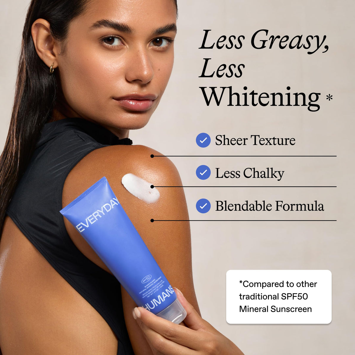 Everyday Humans applied on face demonstrating lightweight finish and non-greasy feel