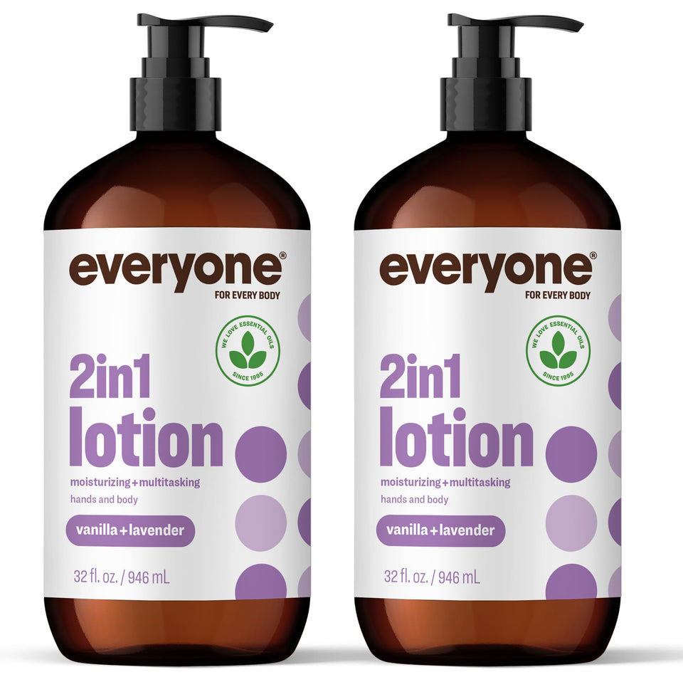 everyone 2-in-1 lotion front packaging showing two 32 oz bottles and scent