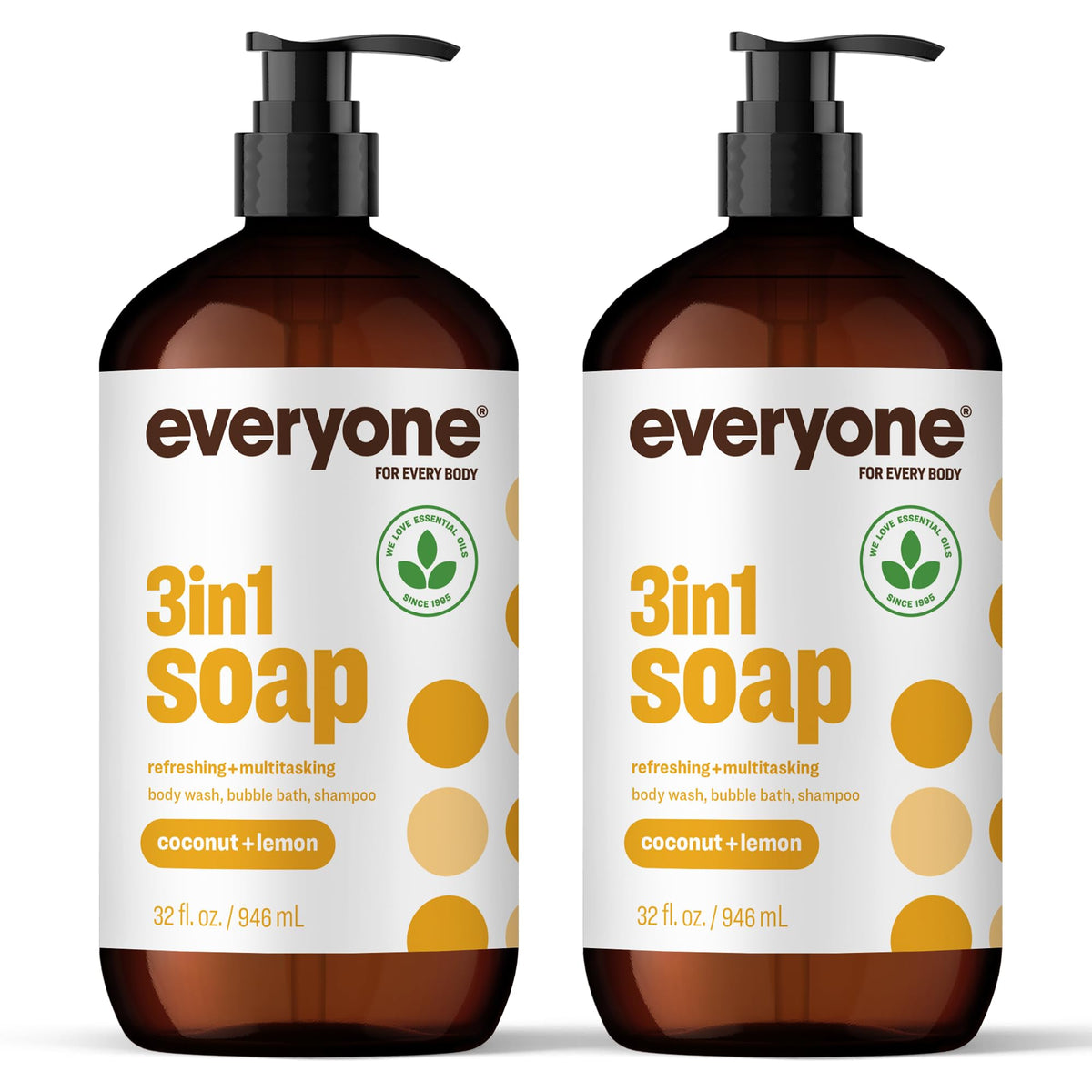 everyone for every body front packaging showing two 32 ounce bottles and coconut lemon scent benefits simplicity