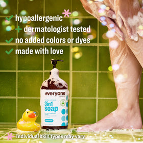 everyone 3-in-1 pump and label detail highlighting ingredient transparency and ease