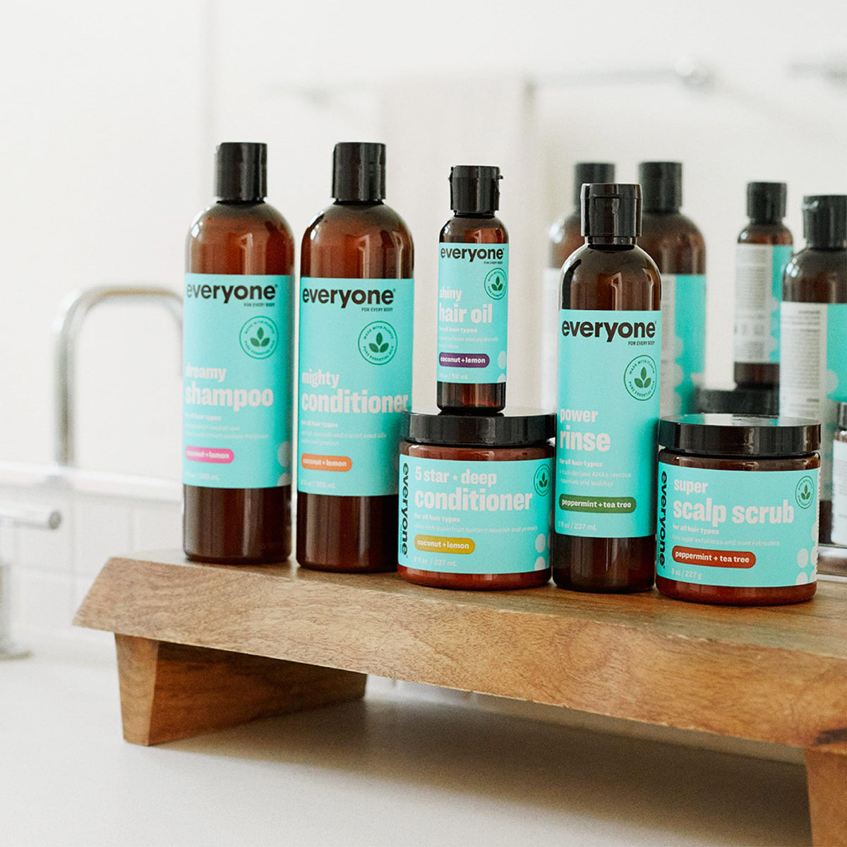 everyone for every body jar on bathroom shelf in lifestyle setting suggesting easy routine