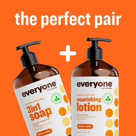 Bathroom counter lifestyle with Everyone lotion near sink demonstrating everyday hand and body use