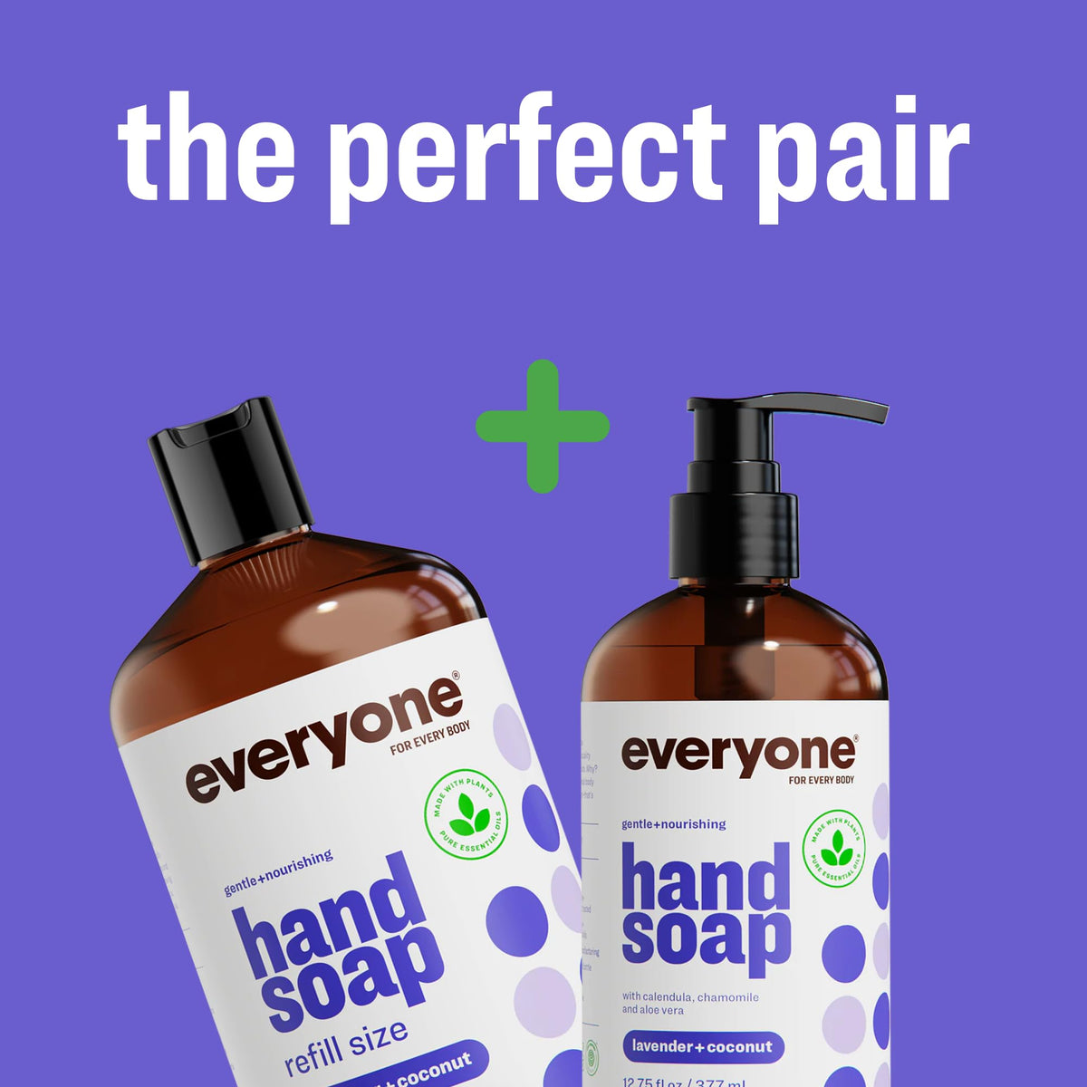 everyone lavender coconut next to soap pump showing gallon size and long-lasting value benefit