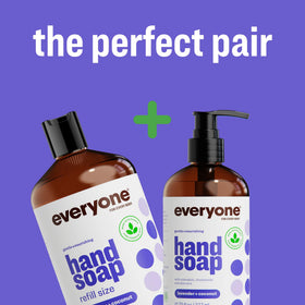everyone lavender coconut next to soap pump showing gallon size and long-lasting value benefit