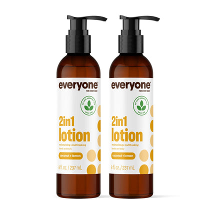 everyone lotion front packaging showing two bottles and scent