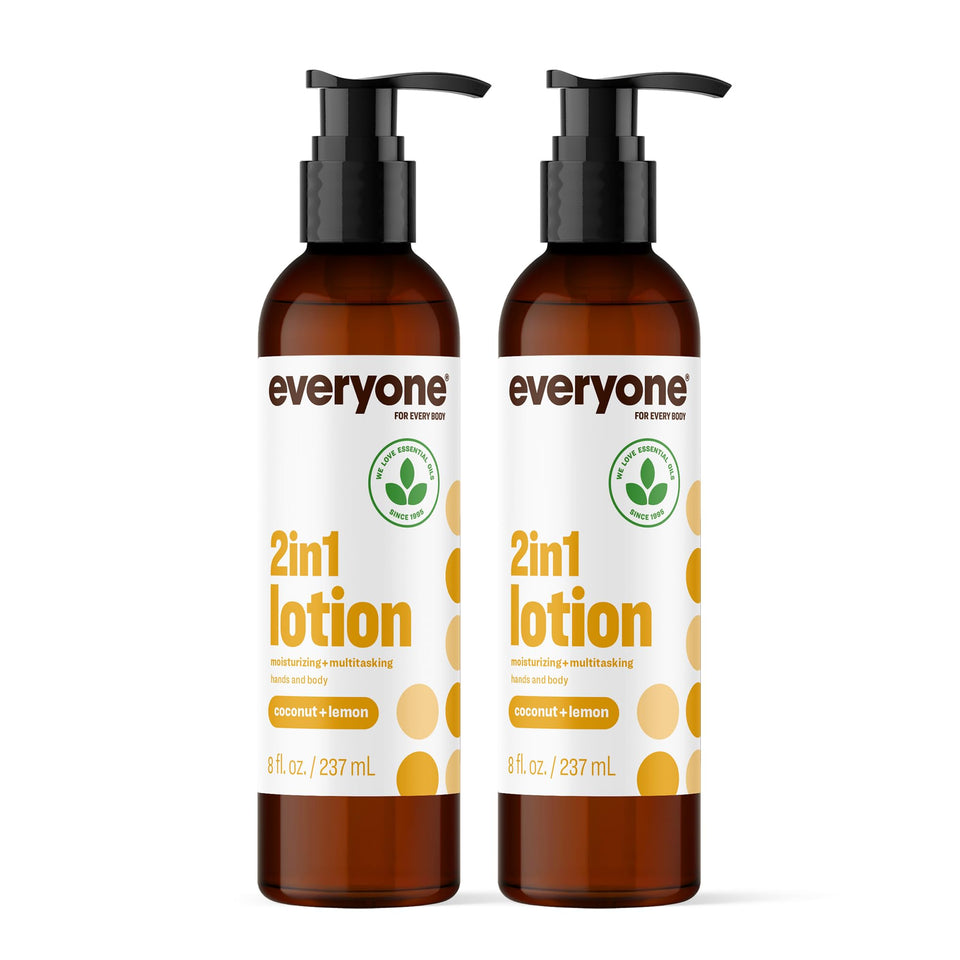 everyone lotion front packaging showing two bottles and scent