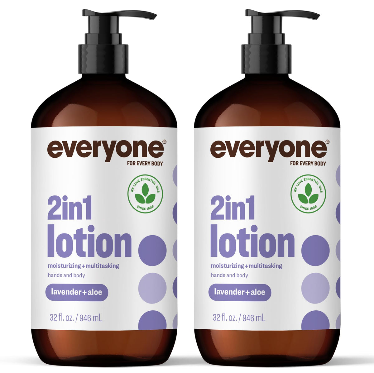 everyone lotion front packaging showing two 32 ounce bottles and label benefits
