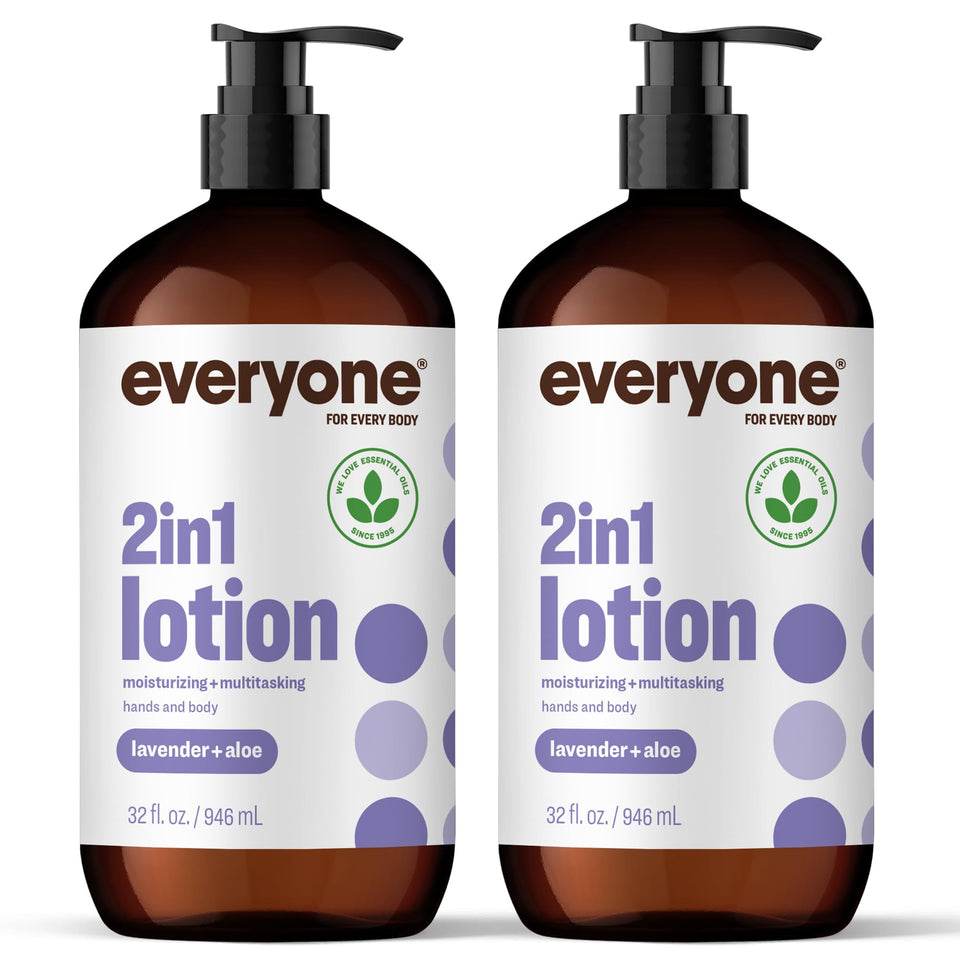 everyone lotion front packaging showing two 32 ounce bottles and label benefits