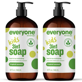 everyone bottle front packaging showing tropical coconut scent and pack of two benefits