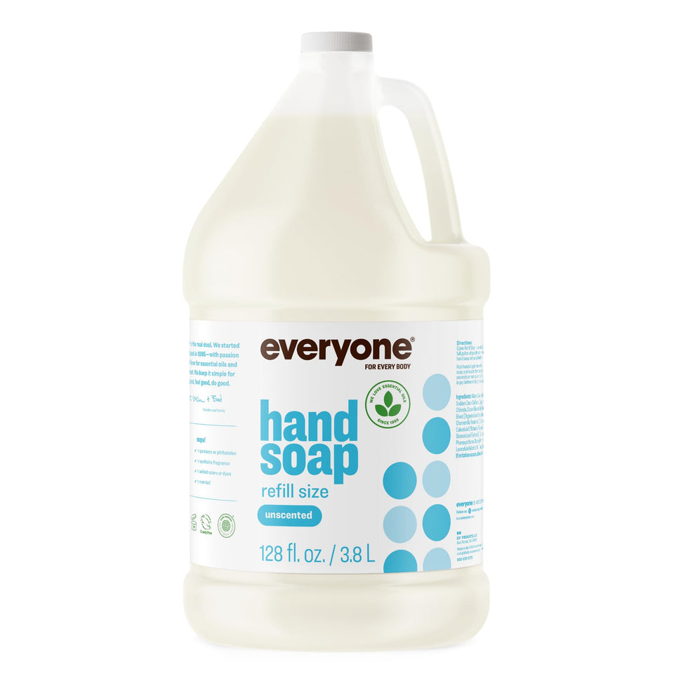 everyone brand gallon front label showing unscented soap and sustainable benefit