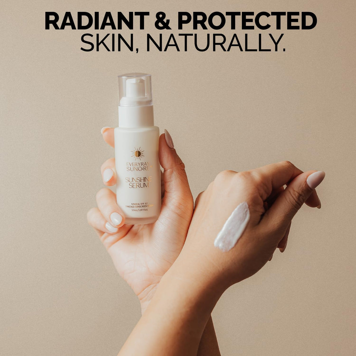 EveryRay Suncare bottle next to credit card showing 1.69 fl oz size for portability