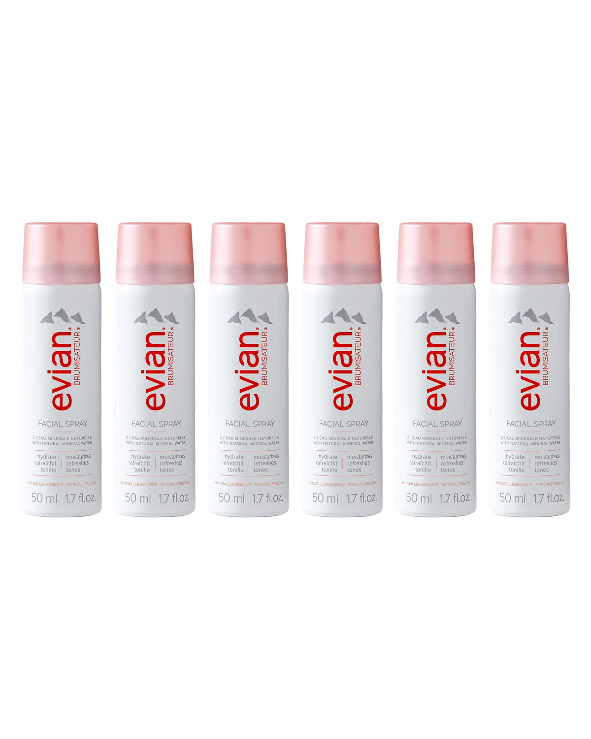 BRUMISATEUR Evian front packaging showing six travel facial sprays for convenience
