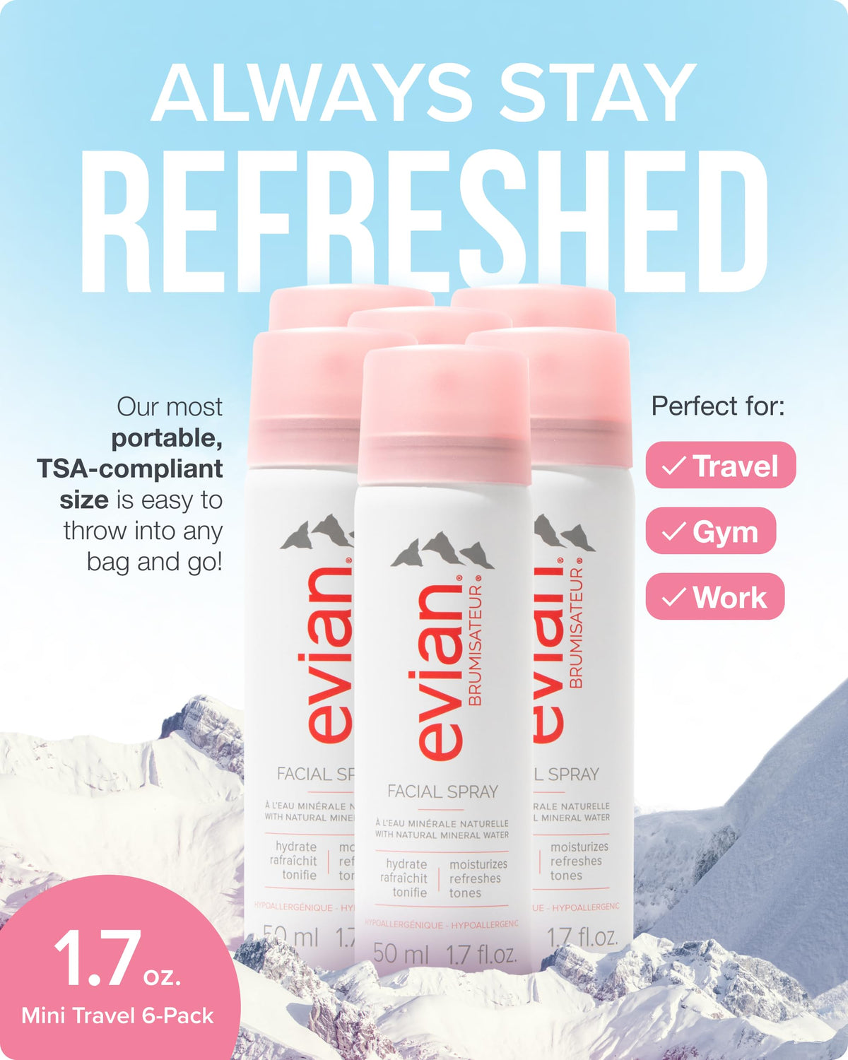 BRUMISATEUR Evian nozzle close-up spraying ultra-fine mist for even hydration