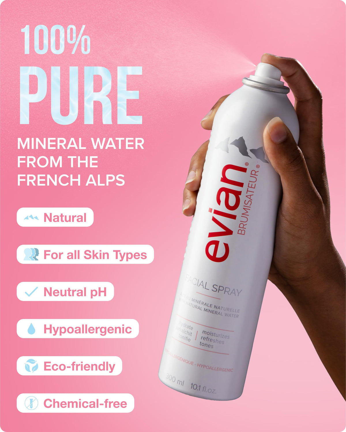 Evian facial spray droplets on skin detail showing texture and fast absorption benefit