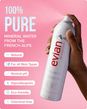 Evian facial spray droplets on skin detail showing texture and fast absorption benefit
