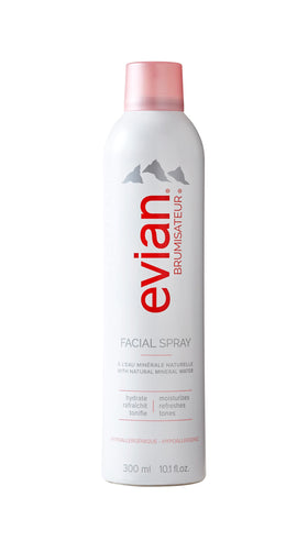 Evian facial spray front packaging showing full-size bottle and easy access hydration