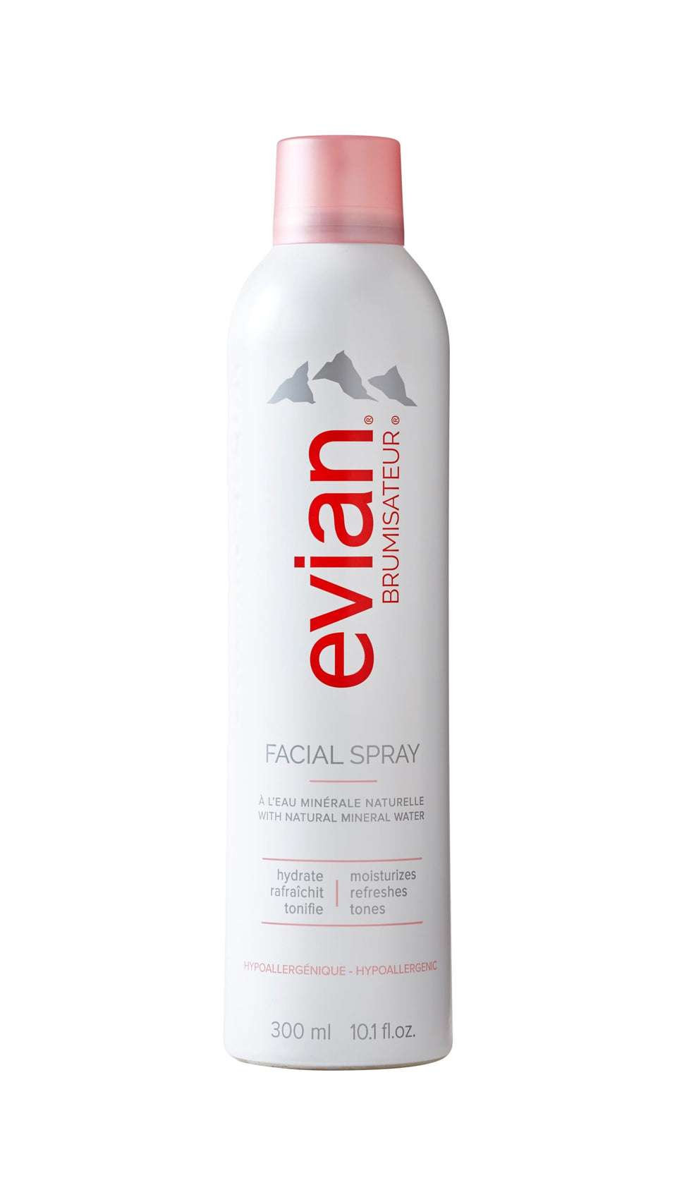 Evian facial spray front packaging showing full-size bottle and easy access hydration