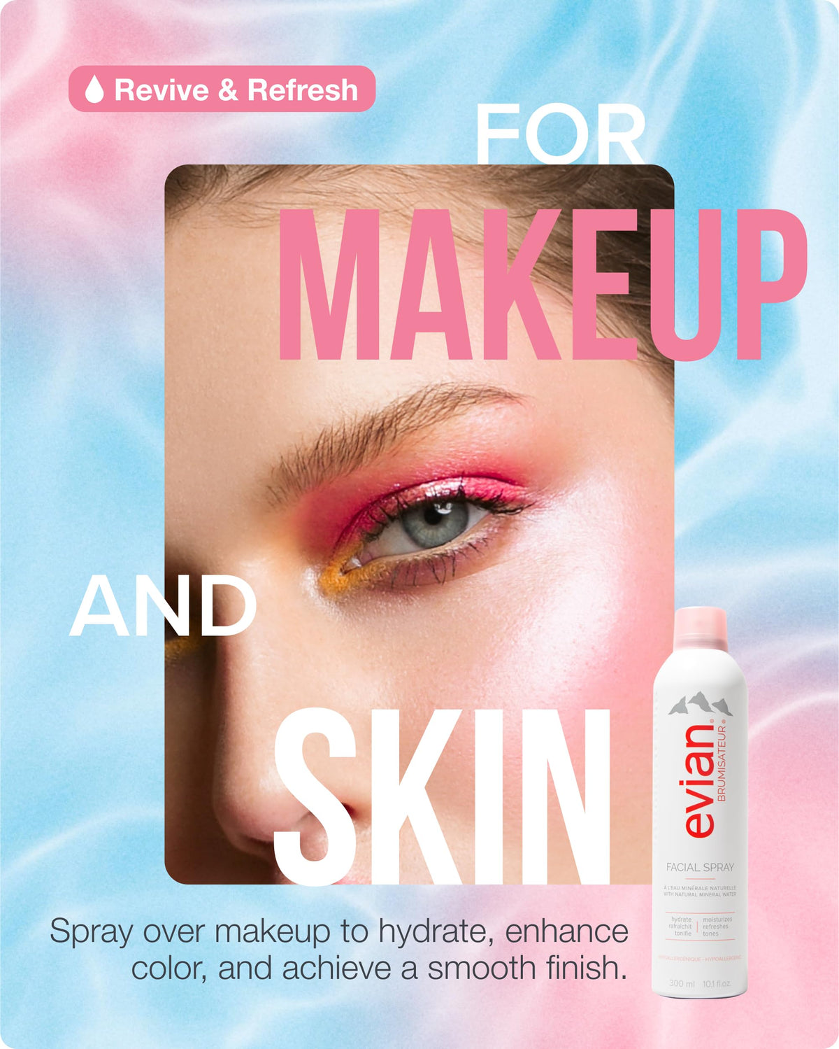 Evian facial spray held in hand displaying 10.1 oz scale for home use convenience