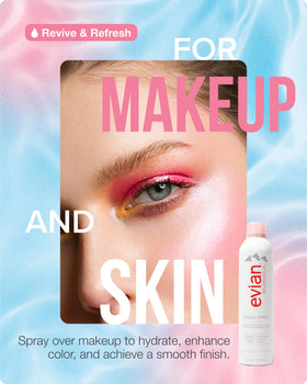 Evian facial spray held in hand displaying 10.1 oz scale for home use convenience