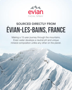 Evian facial spray label closeup focusing on natural mineral water source credibility