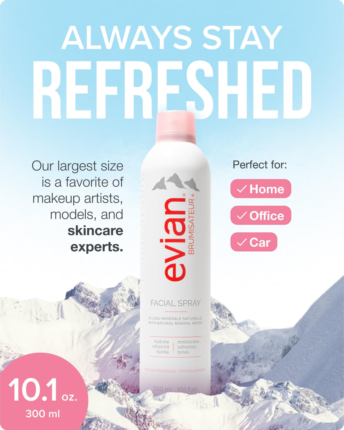 Evian facial spray nozzle closeup highlighting fine mist delivery and even application