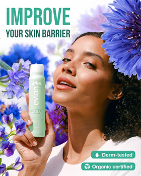 BRUMISATEUR Evian Protect with aloe and botanicals flatlay highlighting natural ingredients