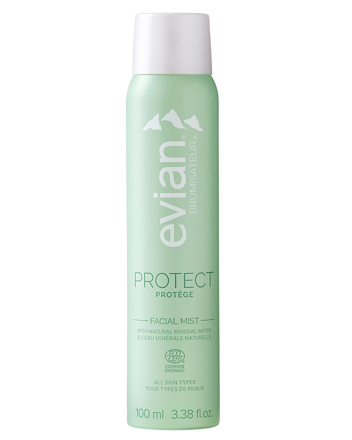 BRUMISATEUR Evian Protect front packaging shows compact bottle and organic badge