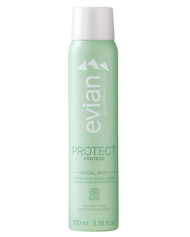 BRUMISATEUR Evian Protect front packaging shows compact bottle and organic badge