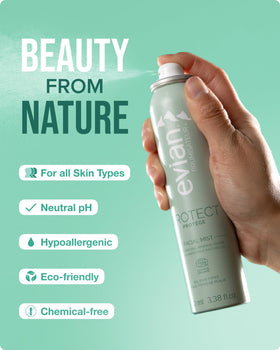 BRUMISATEUR Evian Protect shown spraying into hand to show size and coverage