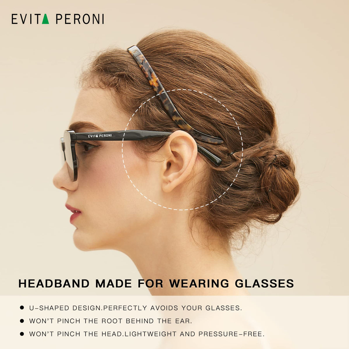EVITA PERONI amber headband inside velvet pouch for protected storage benefit