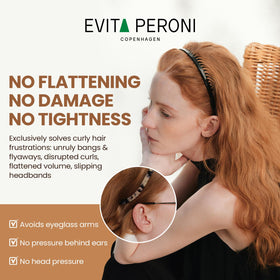 EVITA PERONI headband worn with eyeglasses for comfortable all-day wear