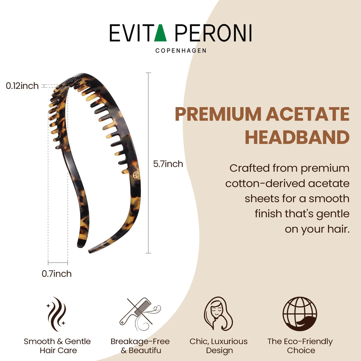 EVITA PERONI headband beside ruler showing 5.7-inch size and scale