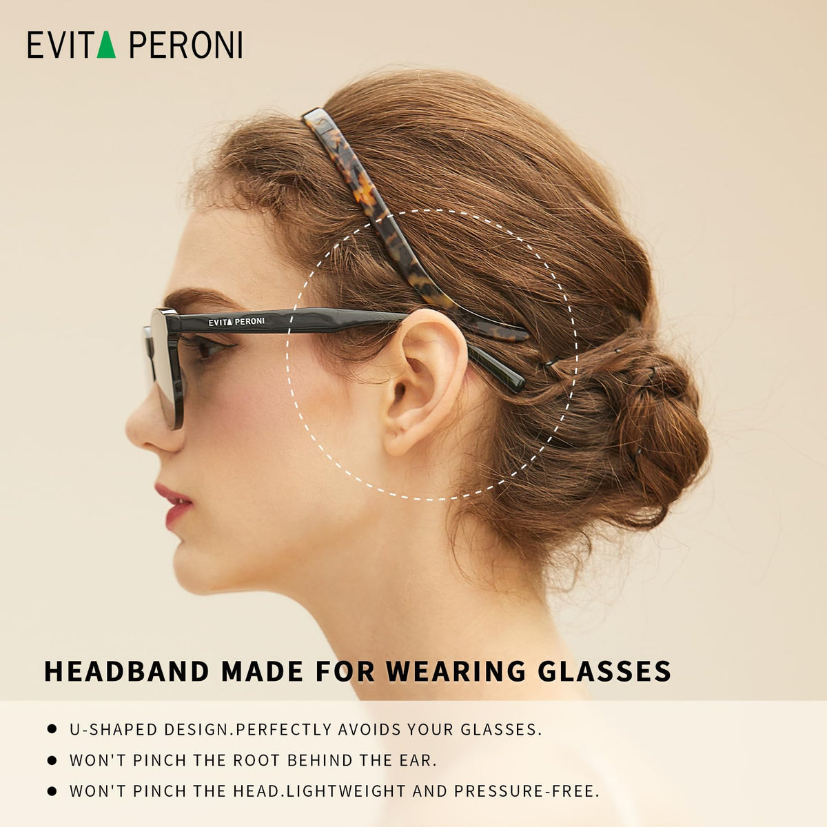 EVITA PERONI side profile with glasses demonstrating gap for eyewear comfort