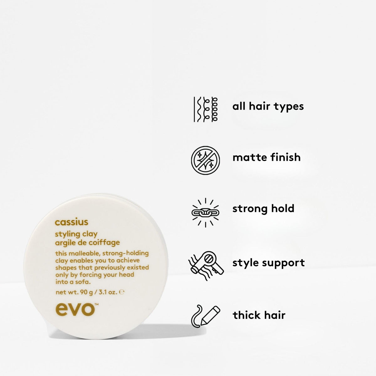 EVO Cassius styled hair closeup showing texture and matte finish