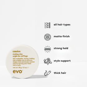 EVO Cassius styled hair closeup showing texture and matte finish