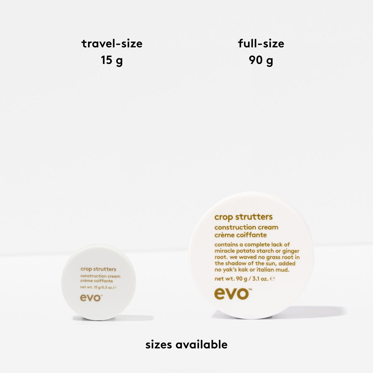 EVO Crop Strutters label close-up displaying product name and styling benefits