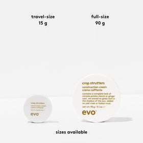 EVO Crop Strutters label close-up displaying product name and styling benefits