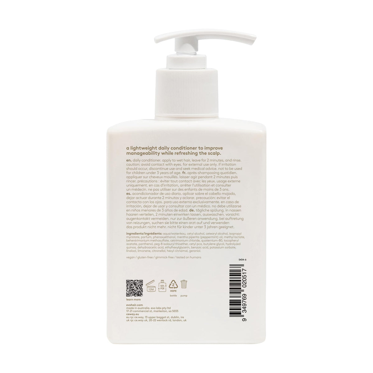 EVO label close-up highlighting ingredients and instructions for easy scalp refresh