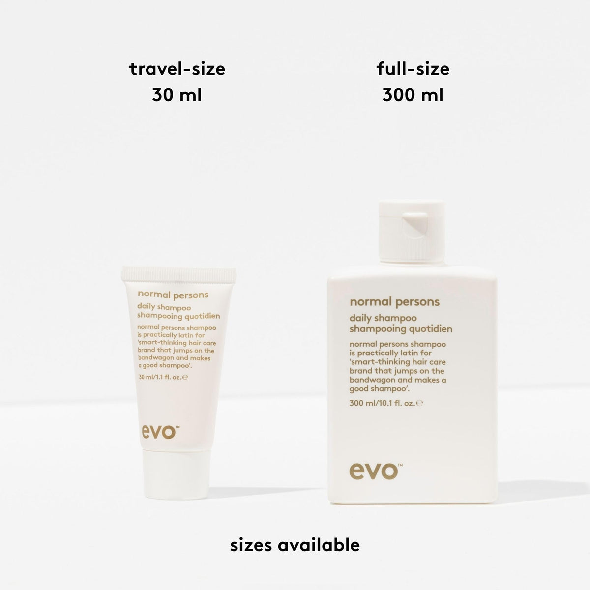 EVO bottle beside hand showing 10.1 fl oz size and travel-friendly benefit