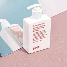 EVO Ritual Salvation before and after hair compare showing improved shine and strength