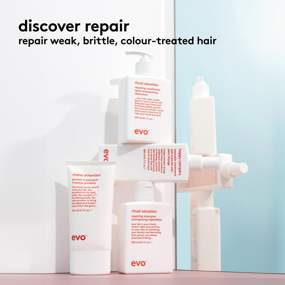 EVO Ritual Salvation on bathroom shelf styled in lifestyle setting suggesting daily use