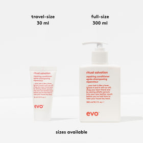 EVO Ritual Salvation bottle next to hand for scale indicating 10.1 fl oz size
